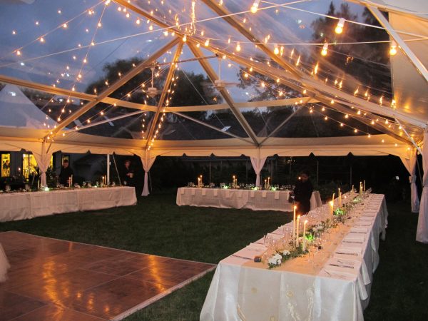 cafe lighting in a clear tent